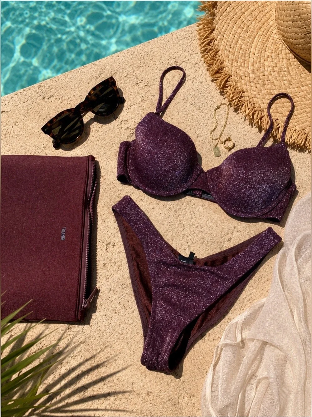 TRIANGL Burgundy Glitter Bikini Set XS Sparkly Underwire Swimwear w/ Pouch